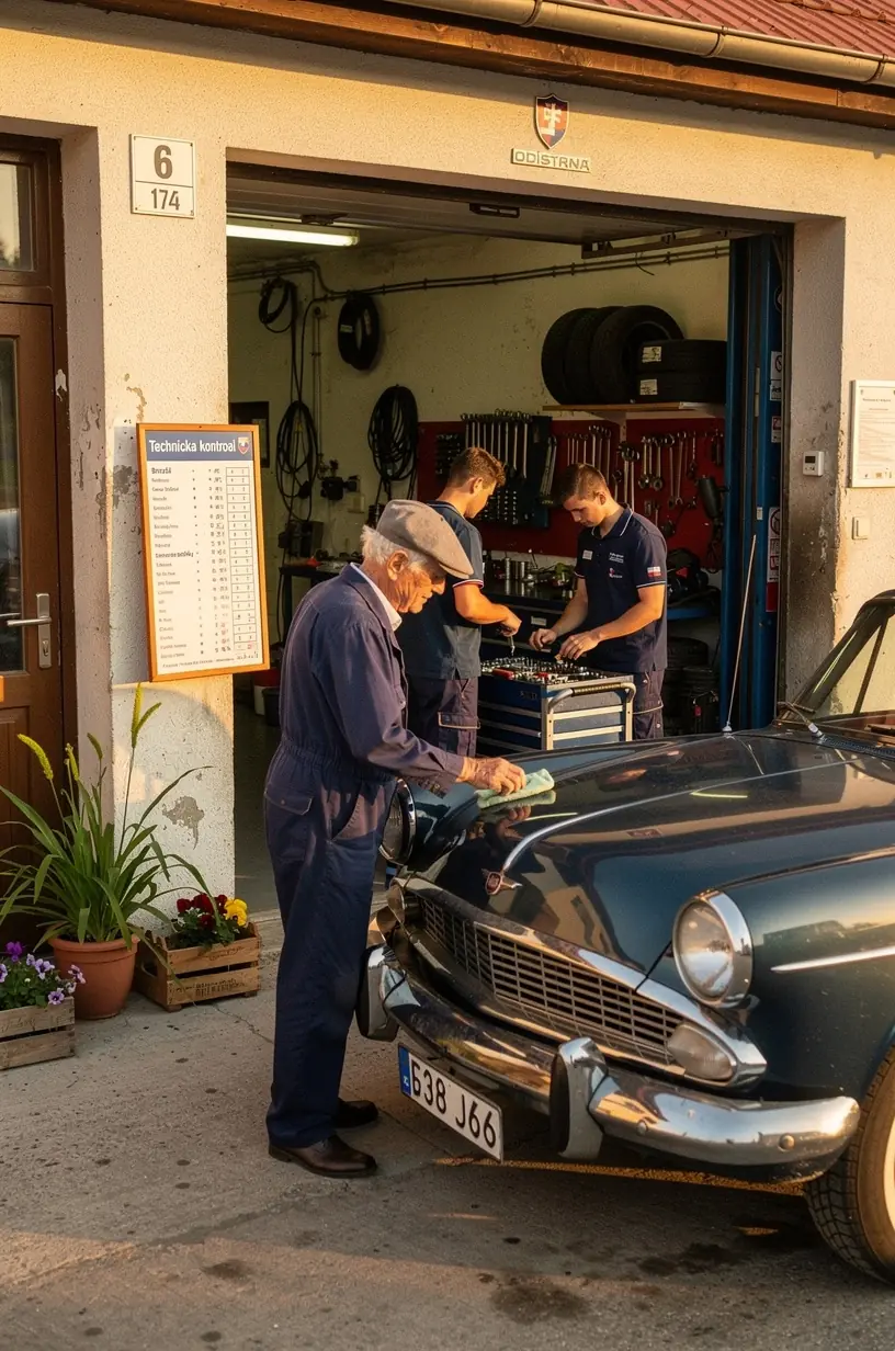 Majiteľ vozidla spolu s mechanikom kontrolujú výfukový systém a úroveň emisií v autoservise